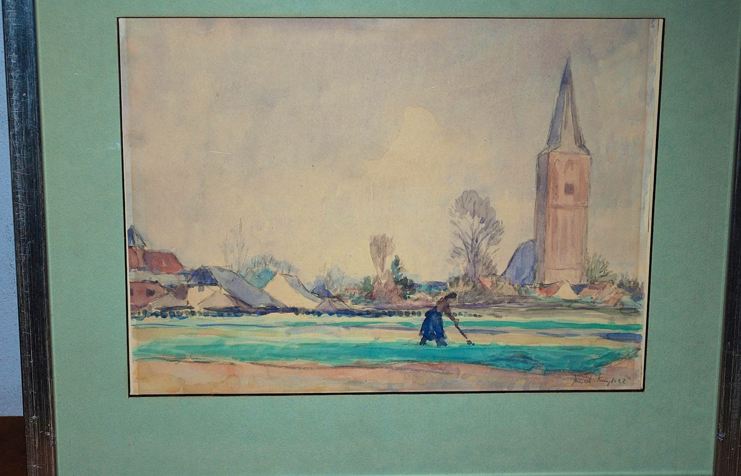 Jacob Kuijper - dorpsgezicht met een vrouw op het land - aquarel kopen? Bied vanaf 75!
