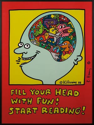 Keith Haring - Gesigneerd: Fill your head with fun! Start reading! - Ingelijst kopen? Bied vanaf 350!