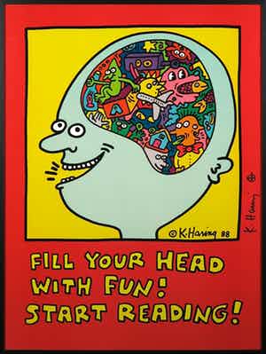 Keith Haring - Gesigneerd: Fill your head with fun! Start reading! - Ingelijst verkocht voor € 350!