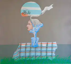 Co Westerik - PLANTVROUW IN GLAS OP TAFEL BUITEN / KLEURZEEFDRUK / 56x67cm / SIG / 1970 verkocht voor € 99!