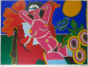 Corneille - Zeefdruk, Vrouwelijk naakt met vogel - Ingelijst (Zeer groot) kopen? Bied vanaf 450!