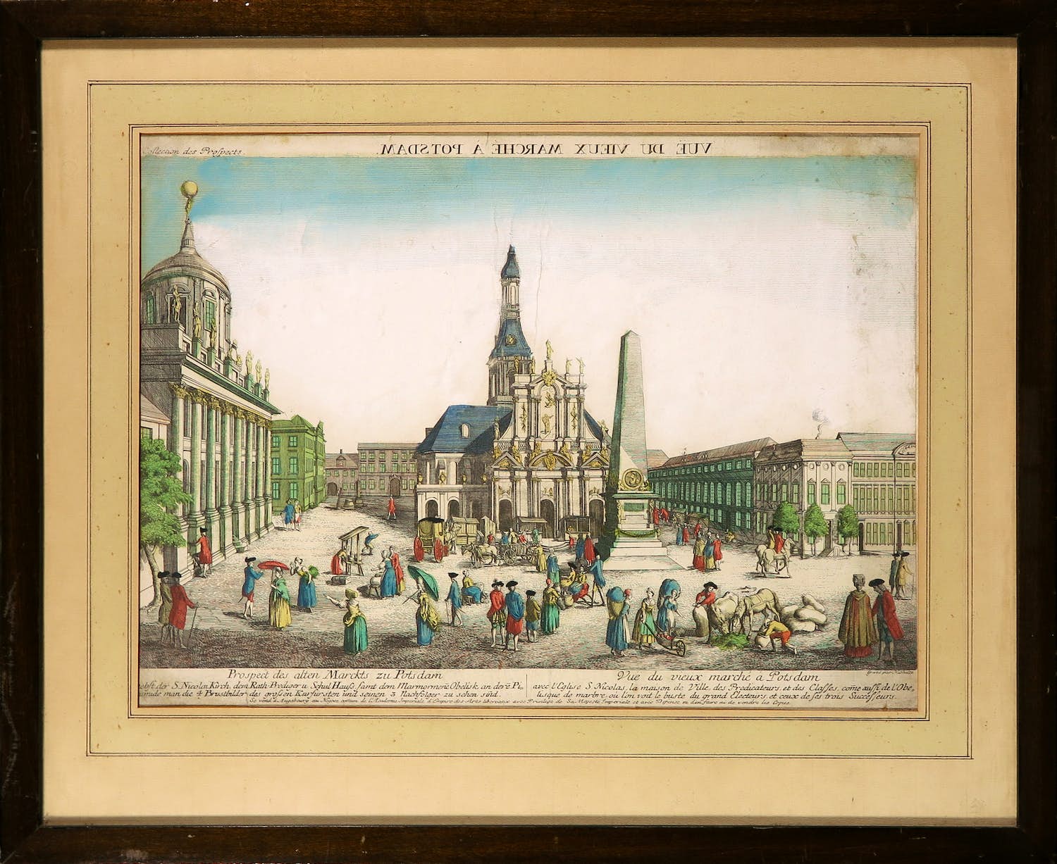 Johann Christoph Nabholz - Handgekleurde kopergravure, Opticaprent van de oude markt te Potsdam - Ingelijst verkocht voor € 35!