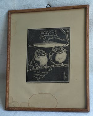 Jan Christiaan Maas - Ingelijste houtsnede , 2 Jonge vogeltjes – 1941 kopen? Bied vanaf 1!
