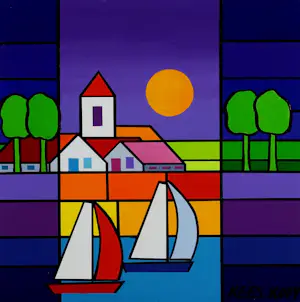 Kees Kooy - Olieverf op doek: dorpsgezicht met water en bootjes - 2019 kopen? Bied vanaf 195!