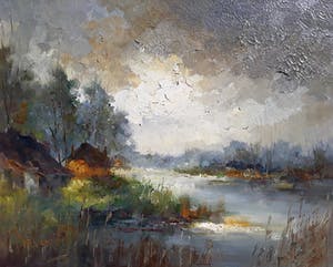 Jan Bevort - Waterlandschap, olieverf op doek (netjes ingelijst, groot) kopen? Bied vanaf 1!