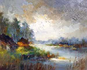 Jan Bevort - Waterlandschap, olieverf op doek (netjes ingelijst, groot) verkocht voor € 1!