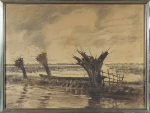 Albertus Gerhard Hulshoff Pol - Houtskool op papier, Landschap met knotwilgen - Ingelijst kopen? Bied vanaf 1!