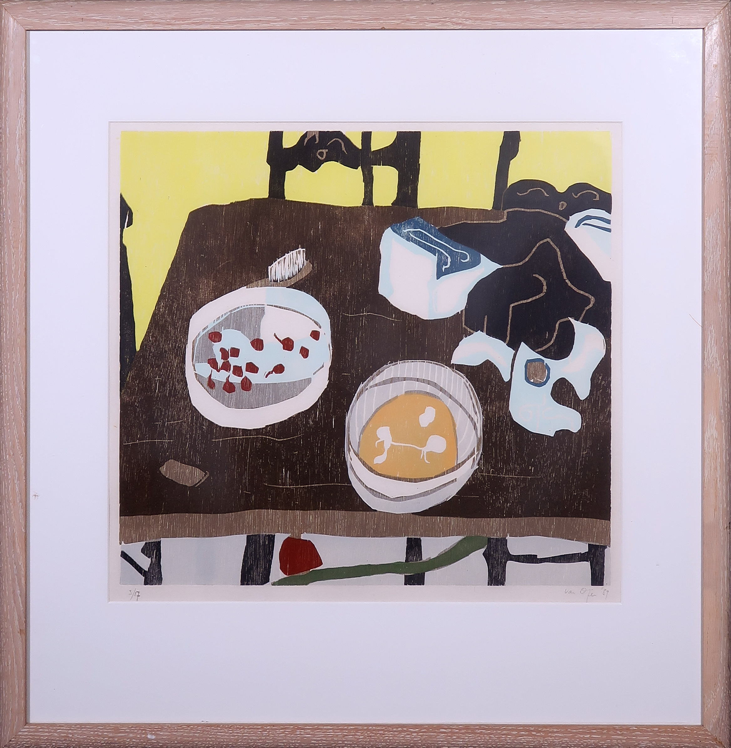 Vincent van Ojen - Houtsnede, Z.T. Tafel - Ingelijst verkocht voor € 35!