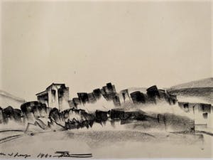 Niet of onleesbaar gesigneerd - Intrigerende 1961 Houtskooltek. "Bergachtig landschap met dorp" gesigneerd kopen? Bied vanaf 1!