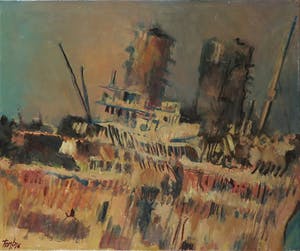 Ton Beentjes - Olieverf op doek, Brandend schip - Ingelijst kopen? Bied vanaf 1!