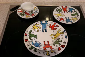 Keith Haring - Servies: 3 verschillende maten borden, 1 koffiekop en schotel kopen? Bied vanaf 80!