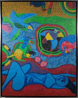 Corneille - Terragravure op doek, Le Monde en bleu - Ingelijst (Zeer groot) verkocht voor € 1000!