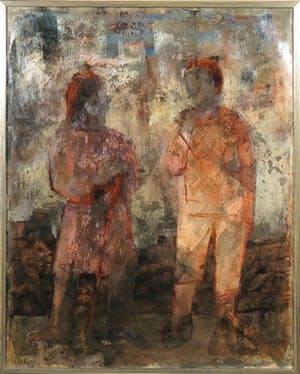 Niet of onleesbaar gesigneerd - Gemengde techniek op papier, Twee figuren - Ingelijst kopen? Bied vanaf 1!