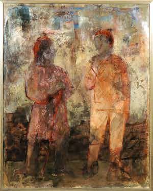 Niet of onleesbaar gesigneerd - Gemengde techniek op papier, Twee figuren - Ingelijst verkocht voor € 1!