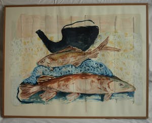 Nicola Rozemeijer - Acrylverf op papier , Vissen op ijs – GROOT - ingelijst - 1997 kopen? Bied vanaf 1!