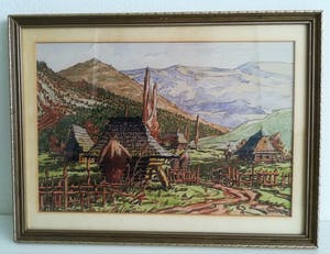 Niet of onleesbaar gesigneerd - verstild vergezicht, dorpje in Indonesië met op de achtergrond bergen kopen? Bied vanaf 1!