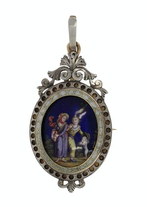 Antieke 14k gouden en zilveren hanger met emaille portret kopen? Bied vanaf 569!