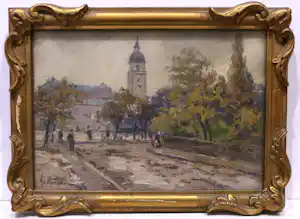 Adolf Mangold - Stadsgezicht met kerktoren verkauft für € 180!