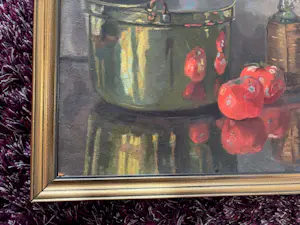Adri Pieck - "het koperen pannetje": stilleven met tomaten en sneeuwklokjes kopen? Bied vanaf 195!