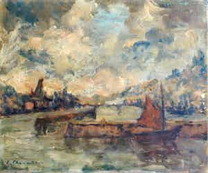 Niet of onleesbaar gesigneerd - Olieverf op doek, Havengezicht – gesigneerd verkocht voor € 10!