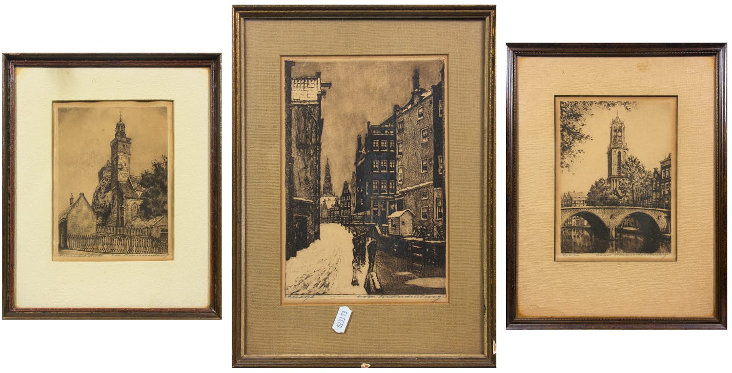 Cornelis Brandenburg - Ets, Lot van drie etsen Utrecht - Ingelijst kopen? Bied vanaf 50!