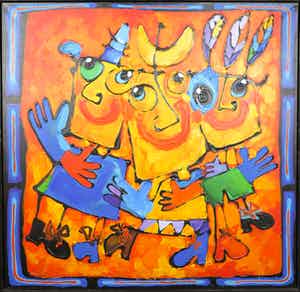 Ad Verstijnen - Acryl op Doek, Drie Vrolijke Vrienden- Ingelijst (Groot) verkocht voor € 350!