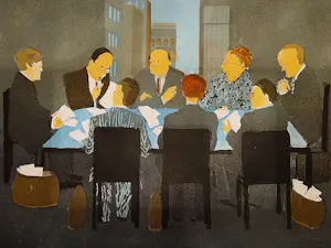 Willy Belinfante - grote Epreuve d'Artiste kleuren ets "vergadering" - met pers. opdracht gesign kopen? Bied vanaf 48!