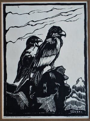 Jan Staats Kiewiet - onder pseudoniem Ed Jeska - Houtsnede , Jonge Arenden – gesigneerd -ca 1940 kopen? Bied vanaf 1!