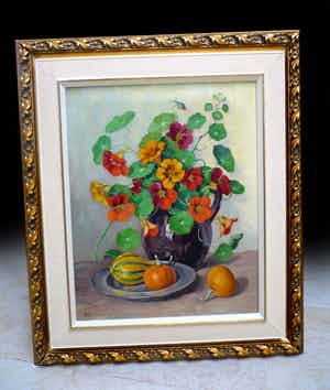 Huibert Schallenberg - Bloemstilleven, Oost Indische kers en tinnen schaaltje met fruit verkocht voor € 175!