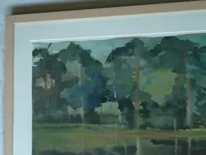 Niet of onleesbaar gesigneerd - Gesigneerde aquarel , Bosgezicht aan het water – Ingelijst , 59 x 74 cm. kopen? Bied vanaf 10!