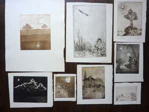 Margriet Snel - 8 etsen vrouw bij oever, figuren in landschappen verkocht voor € 50!