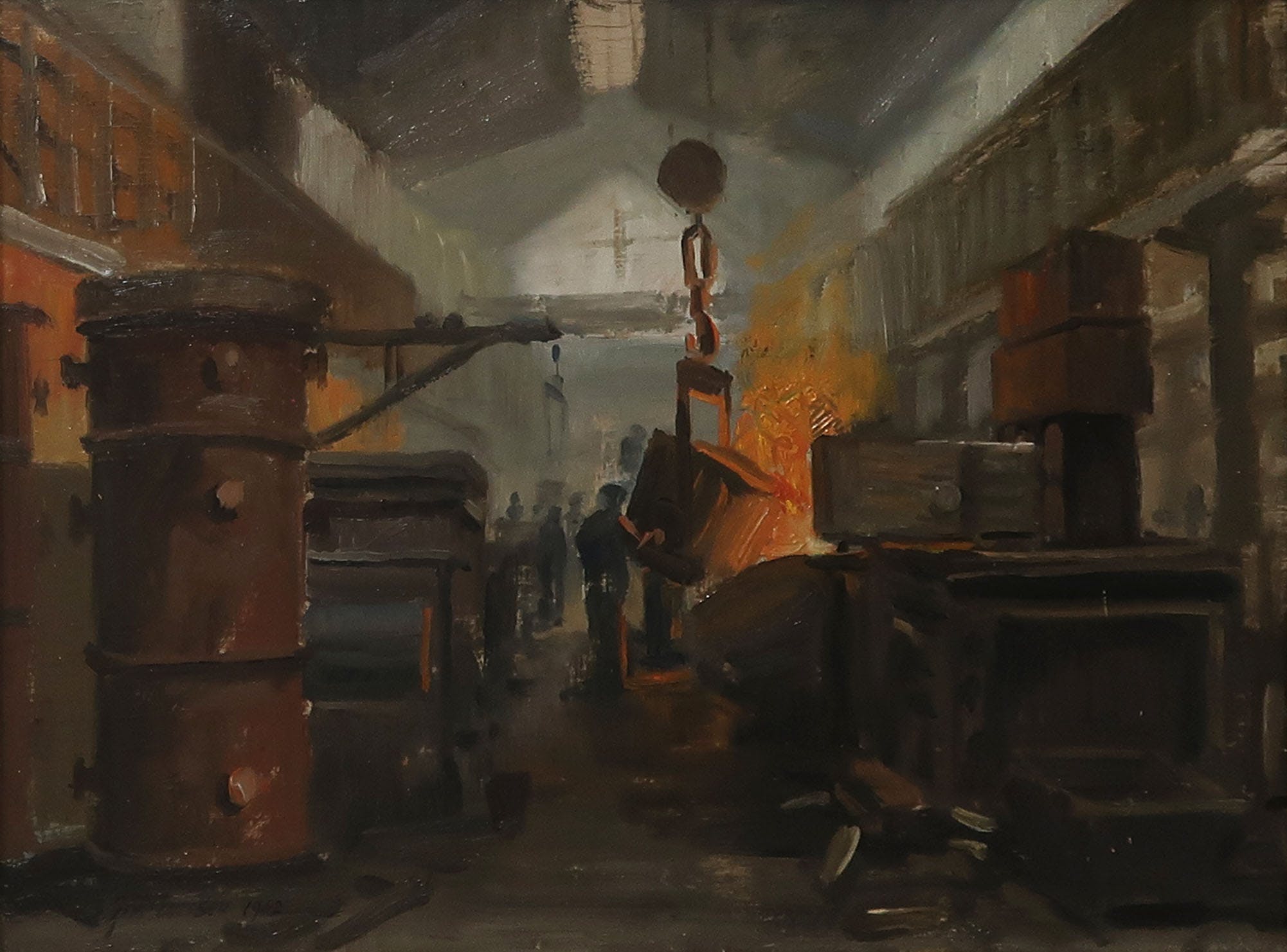 Jan Eversen - Olieverf op paneel, Studie Gieterij Stork Hengelo - Ingelijst kopen? Bied vanaf 300!