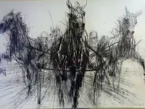 Piet Klaasse - 3 JOCKEYS TE PAARD / ORIGINEEL WERK / 66x101cm / KADER / SIG / 1965 verkocht voor € 40!