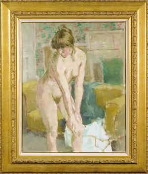 Hessel de Boer - Olieverf op doek, Naakt in interieur - Ingelijst verkocht voor € 400!