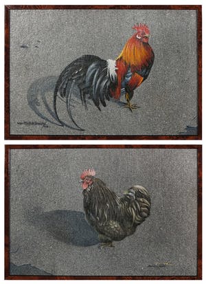 Wim Mast de Gooijer - Olieverf op board, Haan en kip - Ingelijst kopen? Bied vanaf 1!