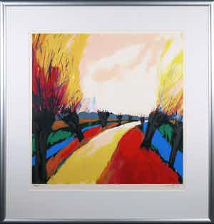 Gerda Elfring - Zeefdruk, Landschap met wilgen - Ingelijst verkocht voor € 35!