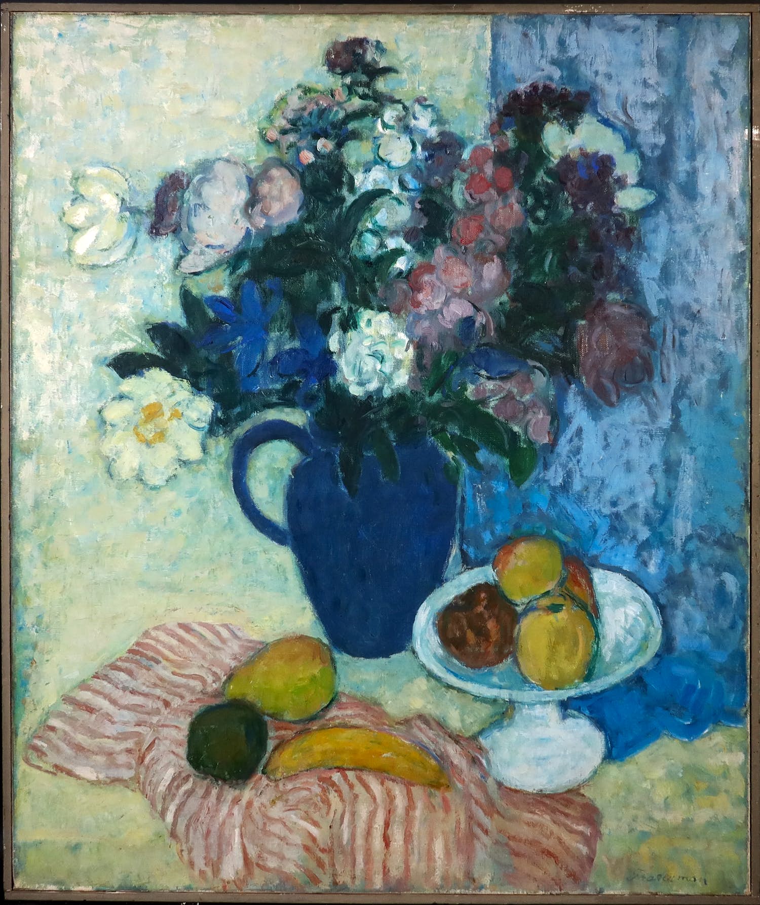 Pieter Fraterman - Olieverf op doek, Stilleven met bloemenvaas en vruchten - Ingelijst verkocht voor € 100!