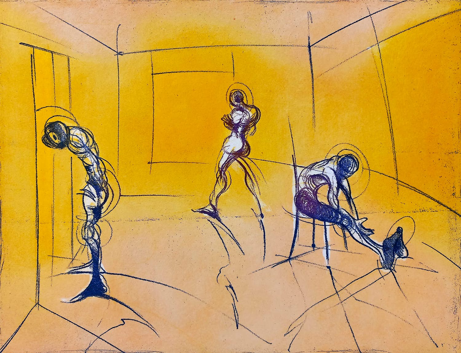 Ronald Tolman - Drie figuren in gele kamer, aquatint ets (kleine oplage, netjes ingelijst) verkocht voor € 100!