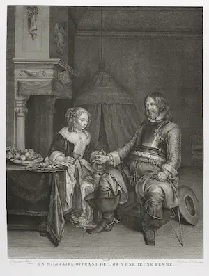 Pierre Audouin - Lot van twee kopergravures, Twee scènes met militairen kopen? Bied vanaf 1!