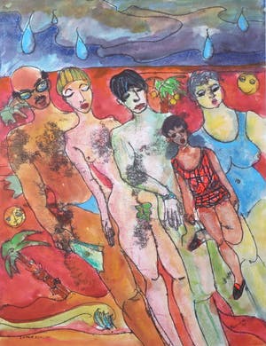 Franca Muller Jabusch - Gemengde techniek op papier o.a. acryl en krijt, z.t. Figuren kopen? Bied vanaf 35!