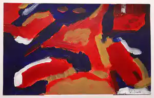 Wim Izaks - Abstract in rood, wit, blauw en oker verkocht voor € 125!