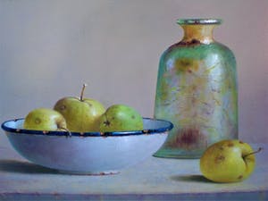 Hans Habraken - Stilleven oude fles en emaillen schaal appels kopen? Bied vanaf 450!