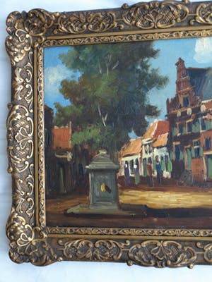 Niet of onleesbaar gesigneerd - Olieverf op paneel , Dorpsplein – gesigneerd & ingelijst - oud kopen? Bied vanaf 1!