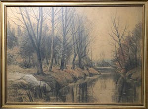 Gerard Krol - Bomen langs het water -Krijttekening, Ingelijst kopen? Bied vanaf 90!