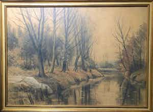 Gerard Krol - Bomen langs het water -Krijttekening, Ingelijst verkocht voor € 90!