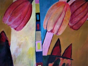 Fenneke van der Elst - GROOT Acrylverf / papier Schilderij "Tulpen" gesigneerd en fraai gelijst kopen? Bied vanaf 10!