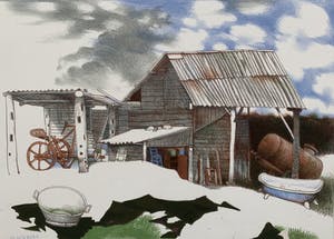 Nicolaas Wijnberg - kleurenlitho - 'Boers tafereel met badkuip' - 1982 kopen? Bied vanaf 70!