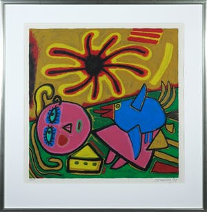 Corneille - Zeefdruk, L'oiseau, grand soleil - Ingelijst kopen? Bied vanaf 250!