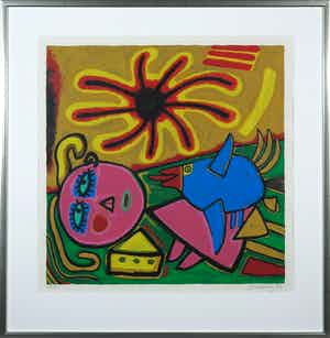 Corneille - Zeefdruk, L'oiseau, grand soleil - Ingelijst verkocht voor € 250!