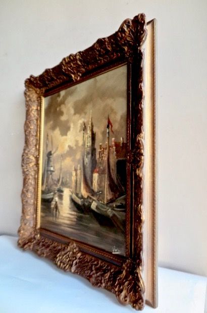 Niet of onleesbaar gesigneerd - Haarlem, Spaarne haven bij maanlicht - Gesigneerd:Vos (wie?) - Prachtige lijst! kopen? Bied vanaf 1!